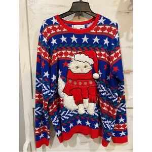 Red White & Blue Christmas Cat Ugly Sweater with Stars, Fourth of July, Xmas